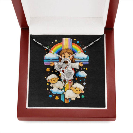 Rainbow Cross Jesus And Lamb | Christian Heart-to-Heart Pendant Necklace | Gift for Kids