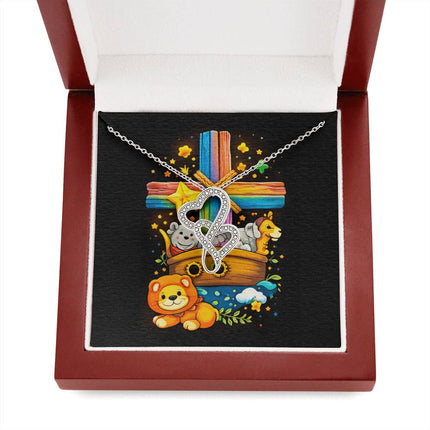 Rainbow Cross Noahs Ark | Christian Heart-to-Heart Pendant Necklace | Gift for Kids