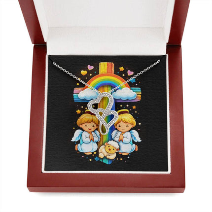 Rainbow Cross Cherub Angels | Christian Heart-to-Heart Pendant Necklace | Gift for Kids
