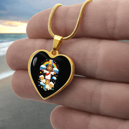 Jesus & Little Lambs Heart Necklace – Christian Gift for Kids