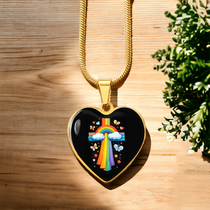 Rainbow & Butterflies Cross Heart Necklace – Christian Gift for Kids