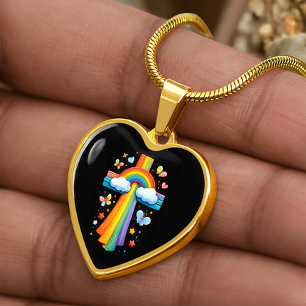 Rainbow & Butterflies Cross Heart Necklace – Christian Gift for Kids