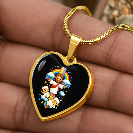 Jesus & Little Lambs Heart Necklace – Christian Gift for Kids