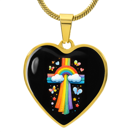Rainbow & Butterflies Cross Heart Necklace – Christian Gift for Kids