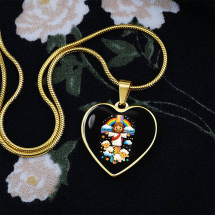 Jesus & Little Lambs Heart Necklace – Christian Gift for Kids
