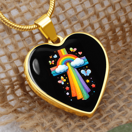 Rainbow & Butterflies Cross Heart Necklace – Christian Gift for Kids