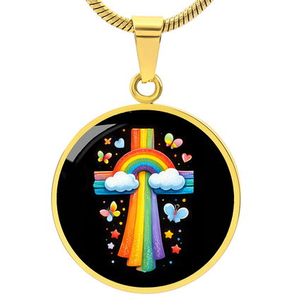 Rainbow & Butterflies Cross Circle Necklace – Christian Gift for Kids