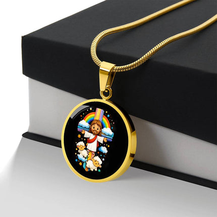 Jesus & Little Lambs Circle Necklace – Christian Gift for Kids