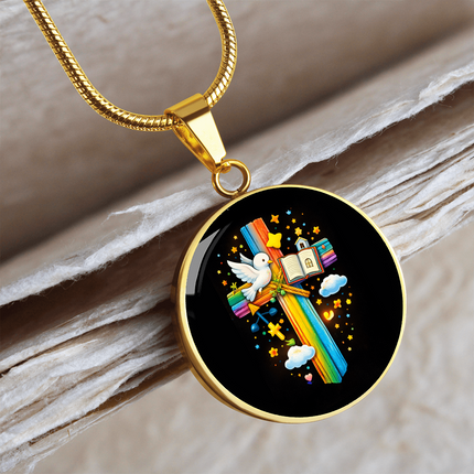 Dove & Holy Bible Circle Necklace – Christian Gift for Kids