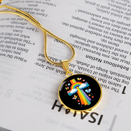 Rainbow & Butterflies Cross Circle Necklace – Christian Gift for Kids