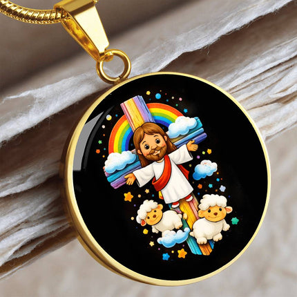 Jesus & Little Lambs Circle Necklace – Christian Gift for Kids