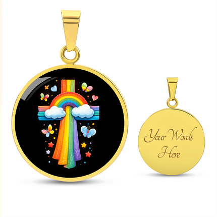 Rainbow & Butterflies Cross Circle Necklace – Christian Gift for Kids