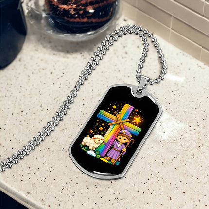 Rainbow Cross Little Shepherd | Christian Dog Tag Necklace | Gift for Kids