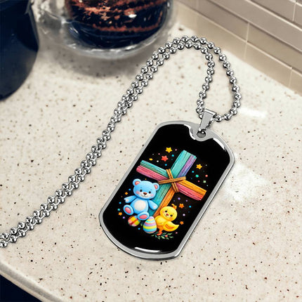 Rainbow Cross Teddy Bear | Christian Dog Tag Necklace | Gift for Kids
