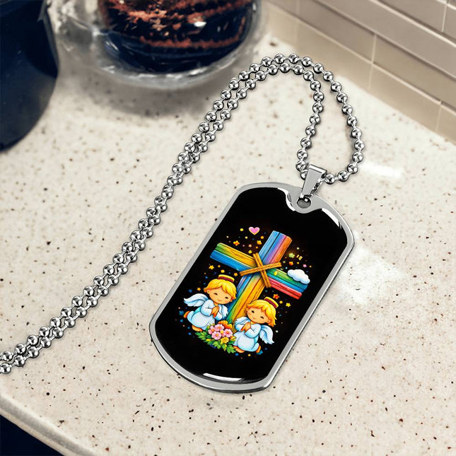 Rainbow Cross Angel Twins | Christian Dog Tag Necklace | Gift for Kids