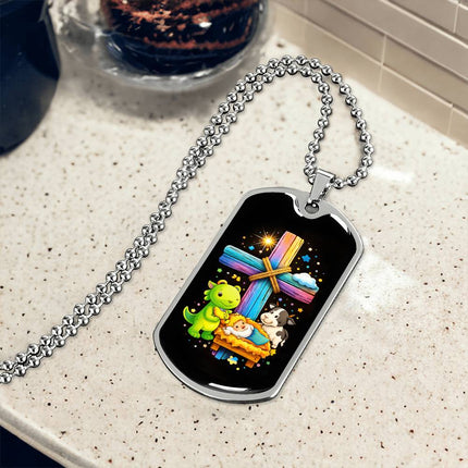 Rainbow Cross Frog And Cow | Christian Dog Tag Necklace | Gift for Kids