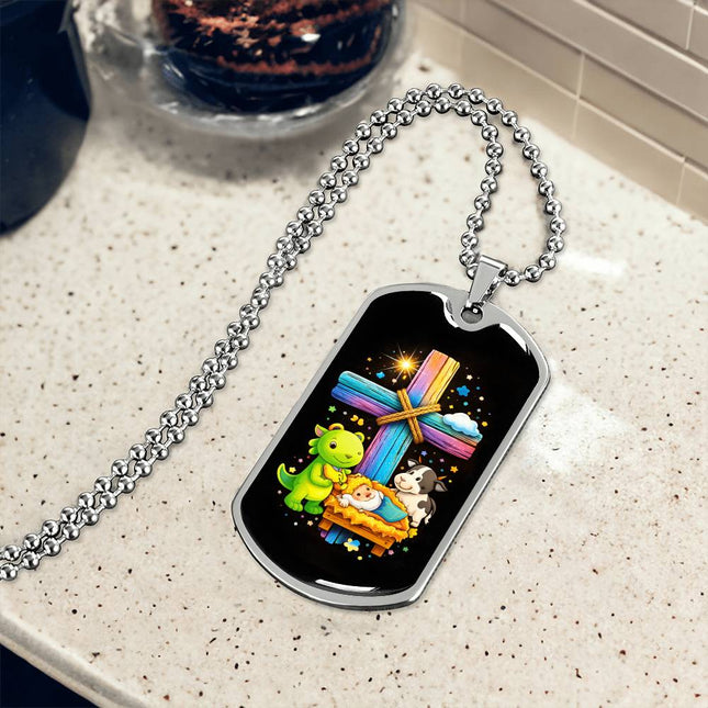 Rainbow Cross Frog And Cow | Christian Dog Tag Necklace | Gift for Kids