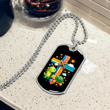Rainbow Cross Turtle | Christian Dog Tag Necklace | Gift for Kids