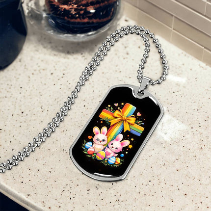 Rainbow Cross Bunnies | Christian Dog Tag Necklace | Gift for Kids