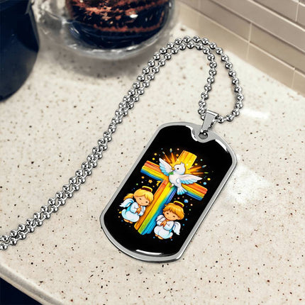 Rainbow Cross Angels And Dove | Christian Dog Tag Necklace | Gift for Kids