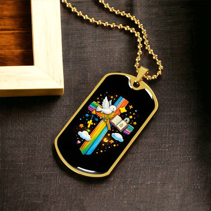 Rainbow Cross Open Bible | Christian Dog Tag Necklace | Gift for Kids
