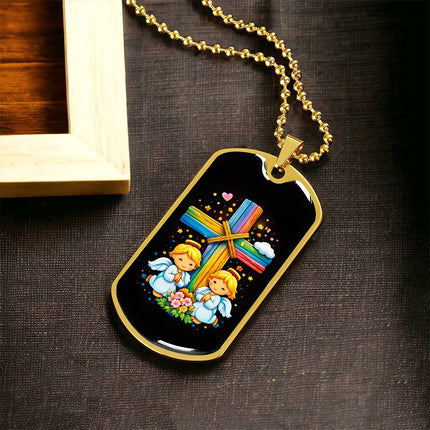 Rainbow Cross Angel Twins | Christian Dog Tag Necklace | Gift for Kids