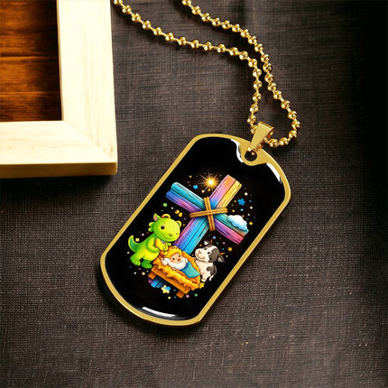 Rainbow Cross Frog And Cow | Christian Dog Tag Necklace | Gift for Kids