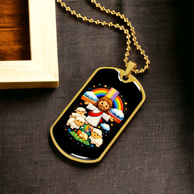 Jesus And Little Lambs | Christian Dog Tag Necklace | Gift for Kids