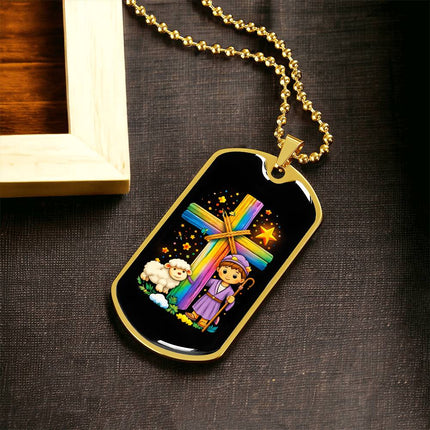 Rainbow Cross Little Shepherd | Christian Dog Tag Necklace | Gift for Kids