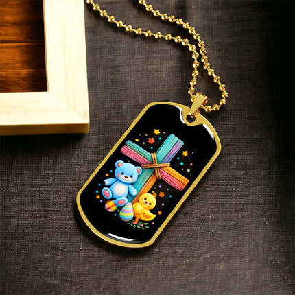 Rainbow Cross Teddy Bear | Christian Dog Tag Necklace | Gift for Kids