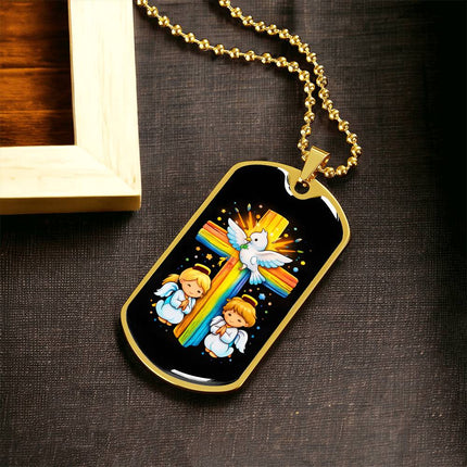 Rainbow Cross Angels And Dove | Christian Dog Tag Necklace | Gift for Kids