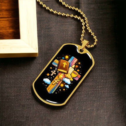 Rainbow Cross Bible And Cross | Christian Dog Tag Necklace | Gift for Kids