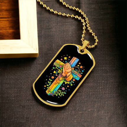 Rainbow Cross Praying Hands | Christian Dog Tag Necklace | Gift for Kids