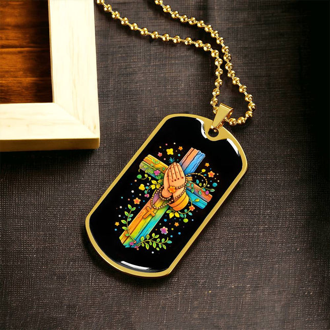 Rainbow Cross Praying Hands | Christian Dog Tag Necklace | Gift for Kids