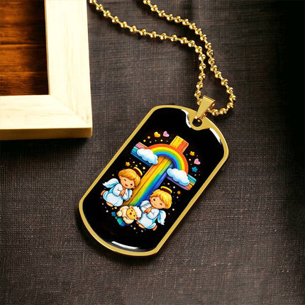 Rainbow Cross Cherub Angels | Christian Dog Tag Necklace | Gift for Kids
