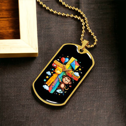 Rainbow Cross Jungle Animals | Christian Dog Tag Necklace | Gift for Kids