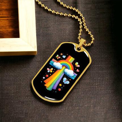 Rainbow Cross Butterfly | Christian Dog Tag Necklace | Gift for Kids