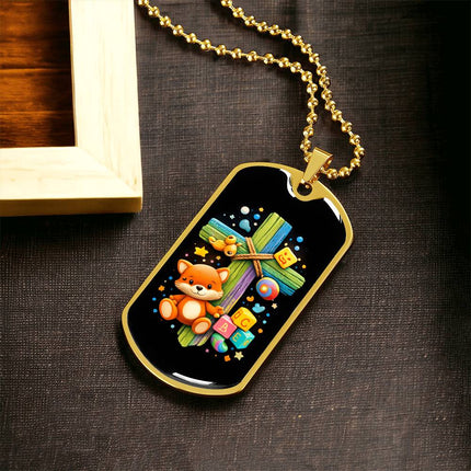 Rainbow Cross Little Fox | Christian Dog Tag Necklace | Gift for Kids