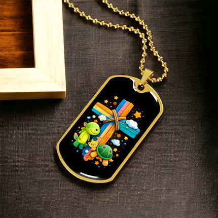 Rainbow Cross Turtle | Christian Dog Tag Necklace | Gift for Kids