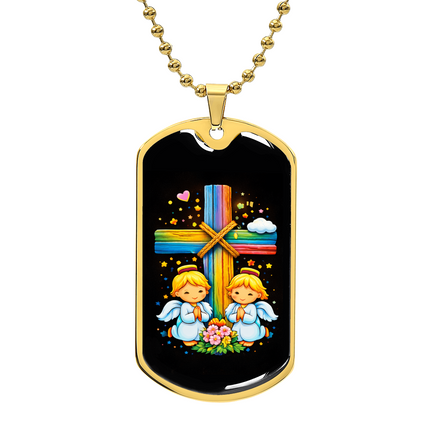 Rainbow Cross Angel Twins | Christian Dog Tag Necklace | Gift for Kids