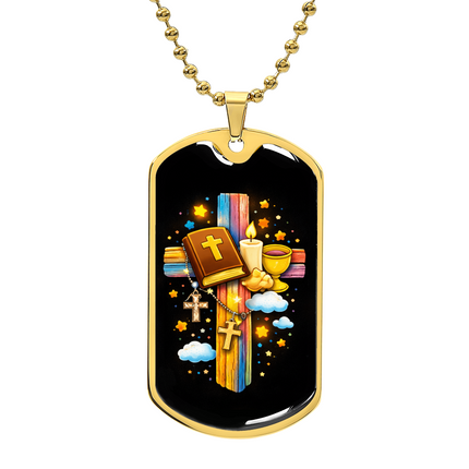 Rainbow Cross Bible And Cross | Christian Dog Tag Necklace | Gift for Kids