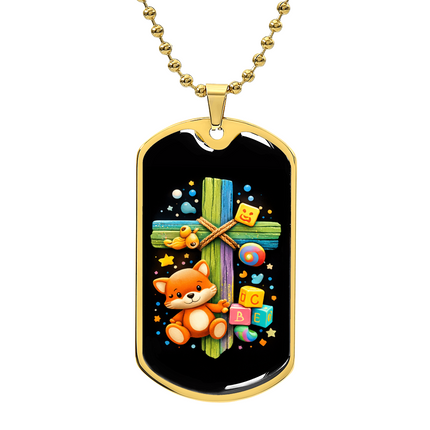 Rainbow Cross Little Fox | Christian Dog Tag Necklace | Gift for Kids