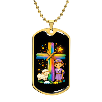 Rainbow Cross Little Shepherd | Christian Dog Tag Necklace | Gift for Kids