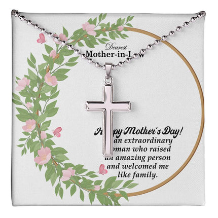 Polished stainless steel cross necklace with ball chain displayed in a luxury gift box with a Dearest Mother-in-Law Happy Mother's Day message card and watercolor floral wreath background.
