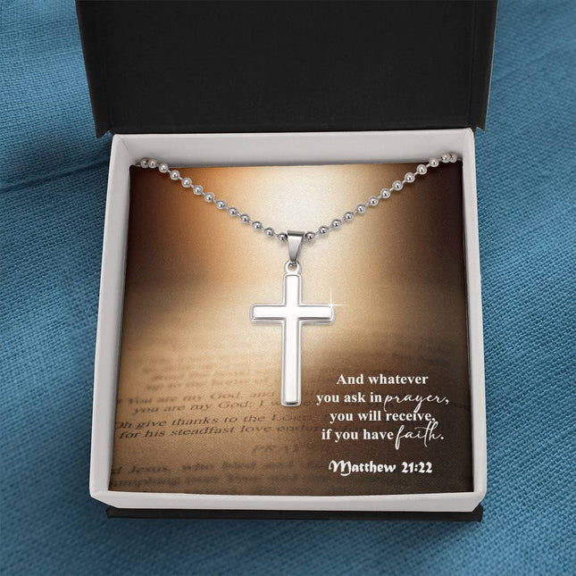 Matthew 21:22 cross necklace with ball chain – “ask in prayer have faith” Christian jewelry gift