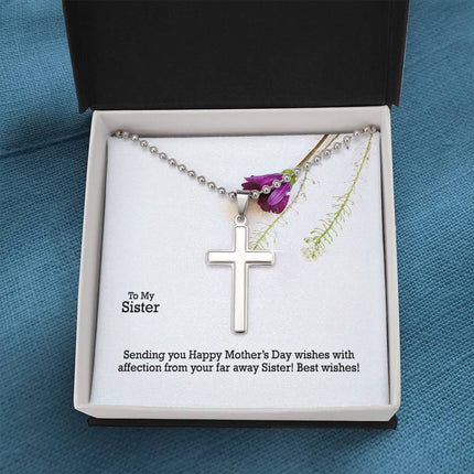 Polished stainless steel cross necklace with ball chain displayed in a luxury gift box with a To My Sister Sending Happy Mother's Day Wishes message card and purple wildflower background.