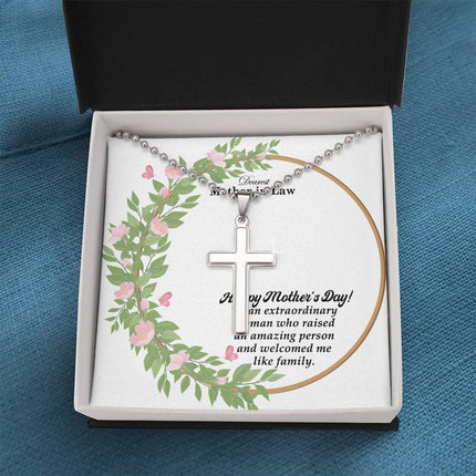 Polished stainless steel cross necklace with ball chain displayed in a luxury gift box with a Dearest Mother-in-Law Happy Mother's Day message card and watercolor floral wreath background.
