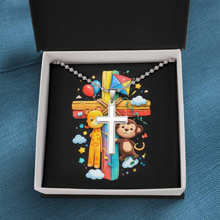 Rainbow Cross Jungle Animals | Christian Cross Necklace | Gift for Kids