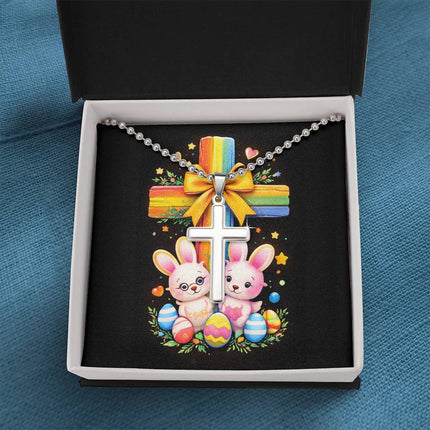 Rainbow Cross Bunnies | Christian Cross Necklace | Gift for Kids