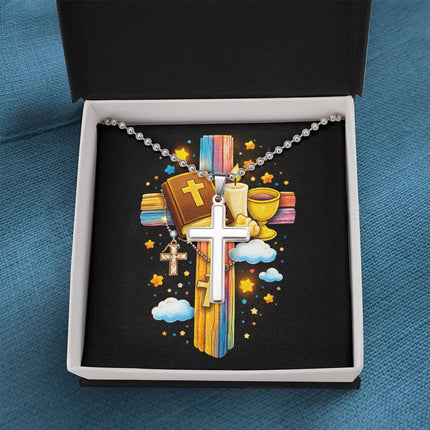 Rainbow Cross Bible And Cross | Christian Cross Necklace | Gift for Kids
